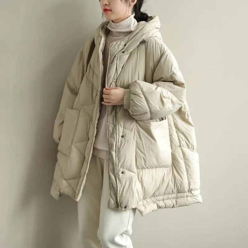 Women 2023 Oversized Long Sleeve Warm Down Jacket Winter Wear New Stand Up Collar Hooded Solid White Duck Lightweight Jacket
