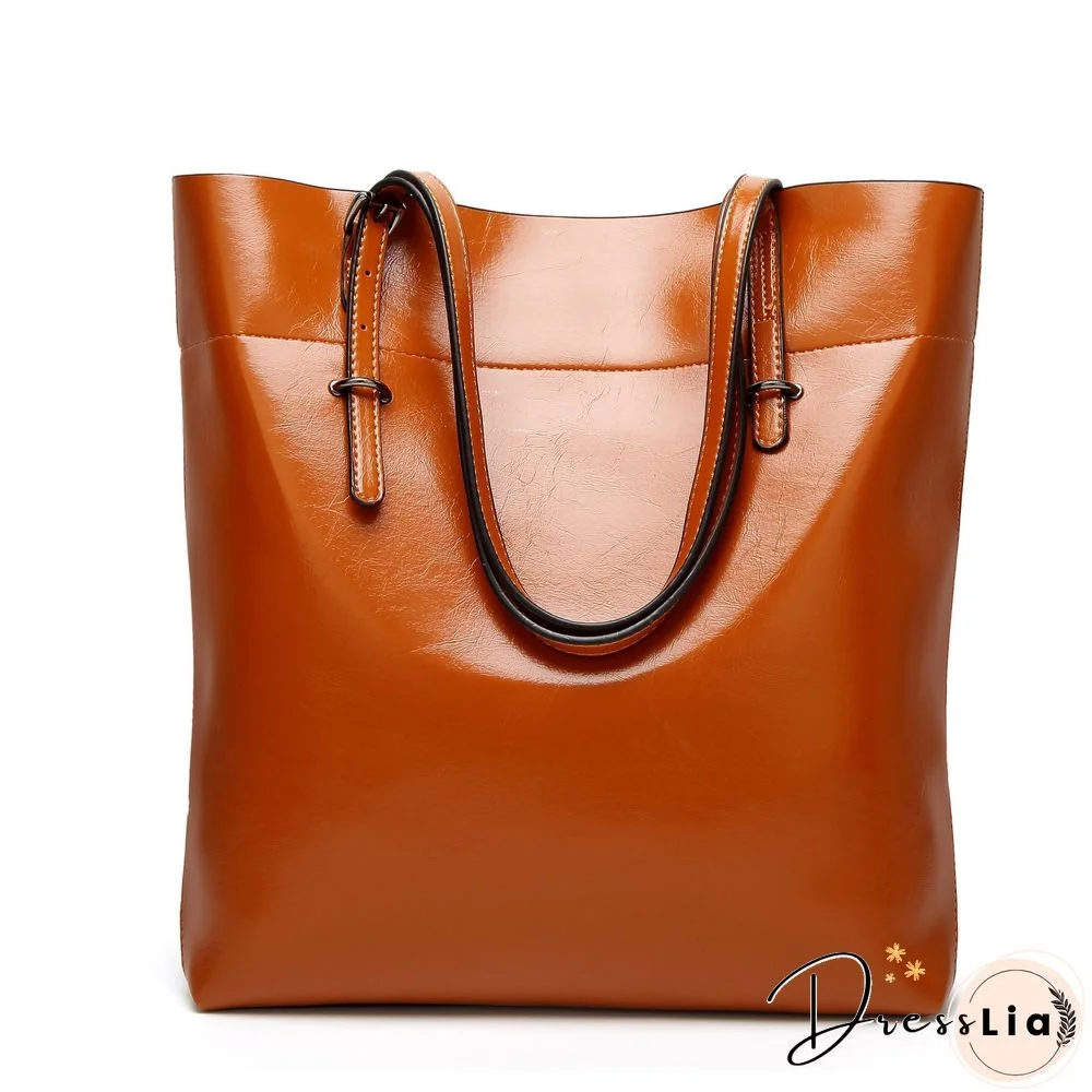 Women Oil Leather Tote Handbags Casual Solid Color Shoulder Bags