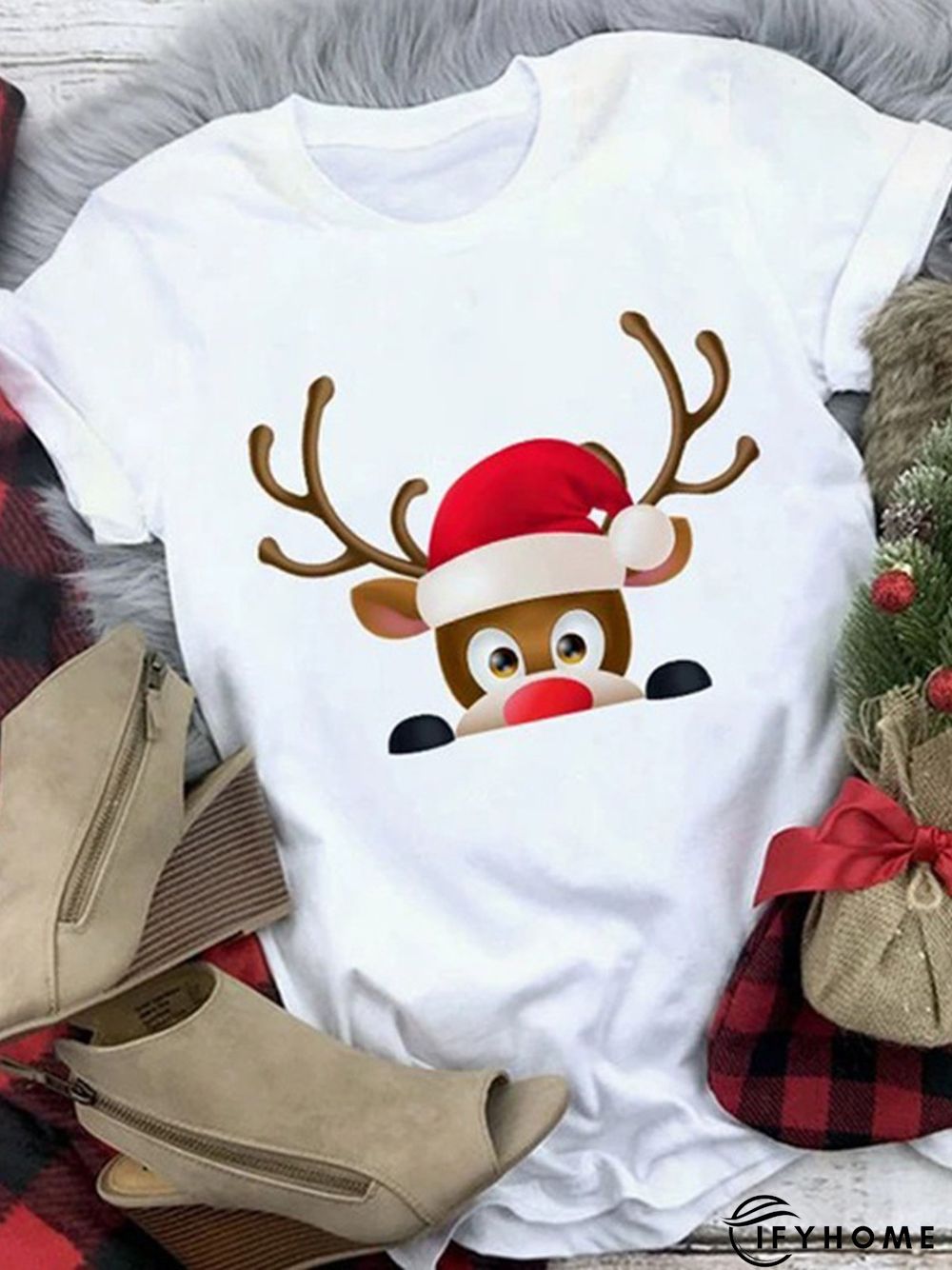 Christmas Loose Crew Neck Cotton Blends Short Sleeve T-Shirt | IFYHOME