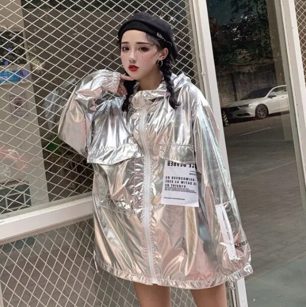 Jacket  Woman Plus Size Sun Protection Loose Shiny Casual Outwear Coat Female Jacket Autumn Jacket Jaquet Hooded Windbreaker