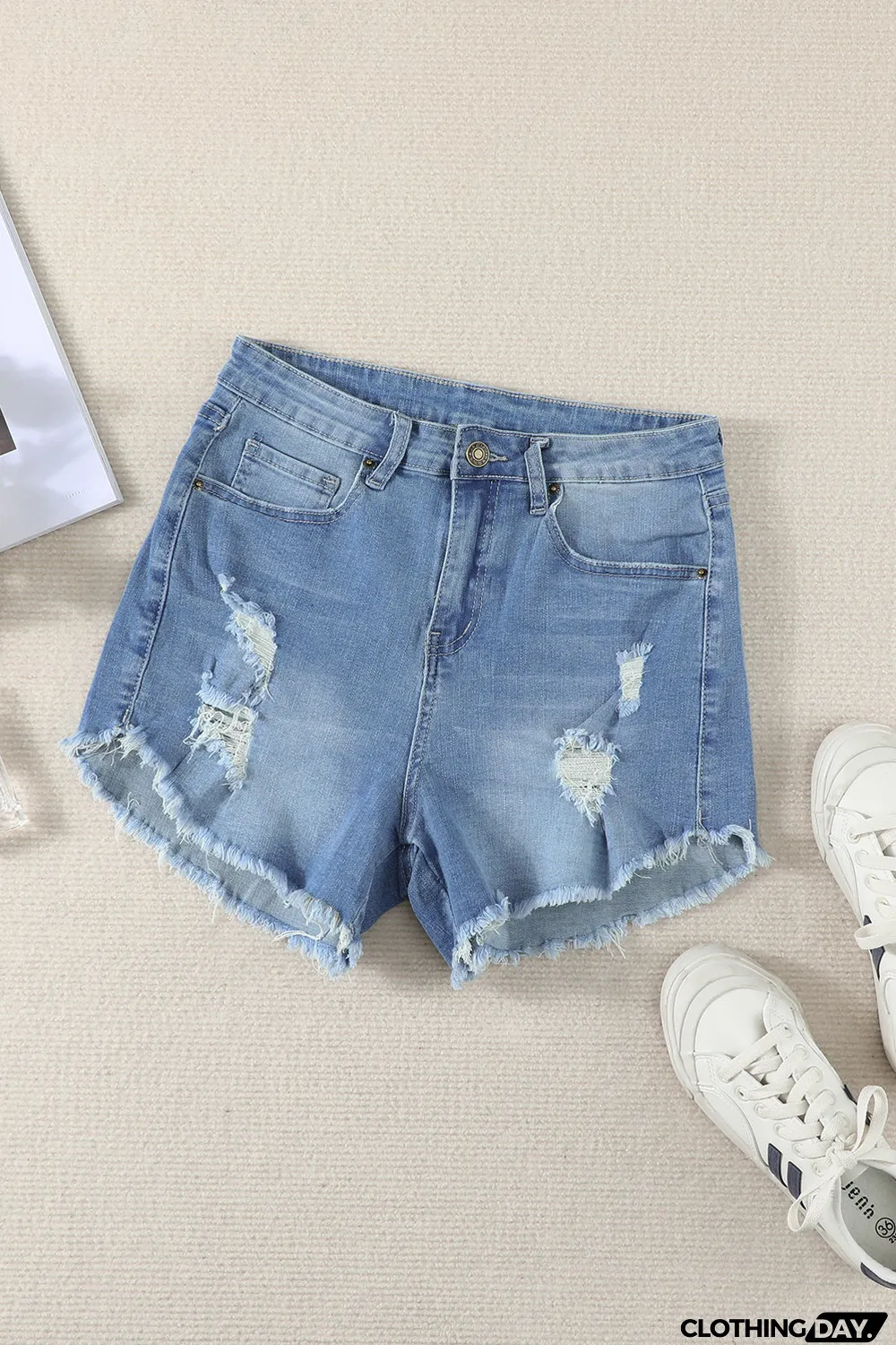 Light Blue Frayed Hem Denim Shorts