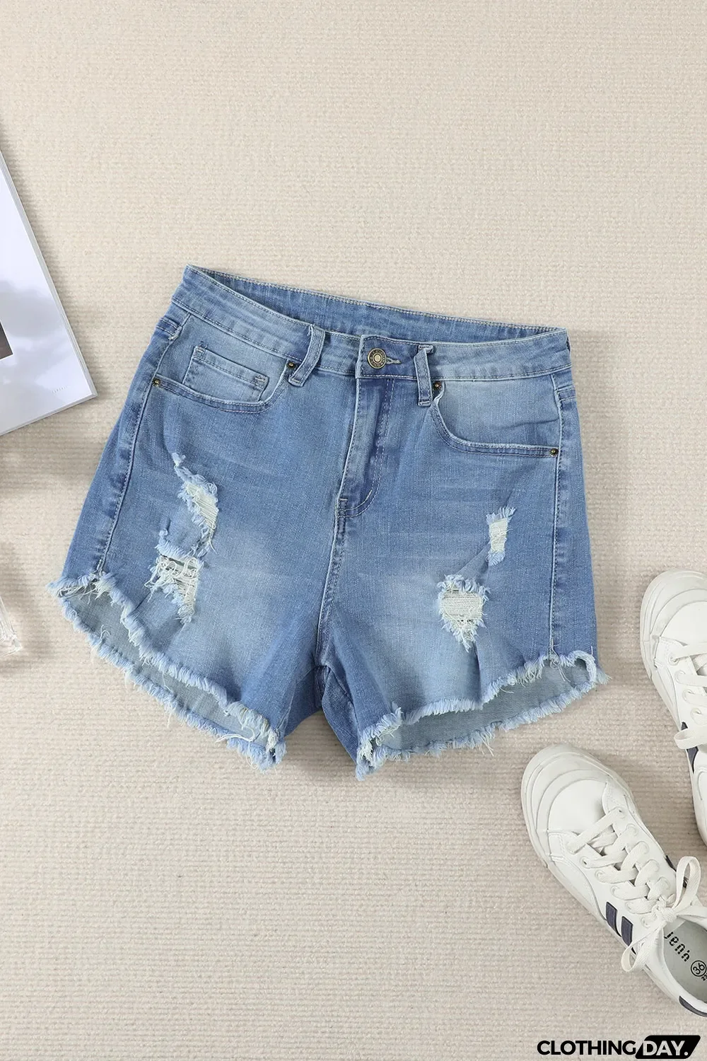 Light Blue Frayed Hem Denim Shorts