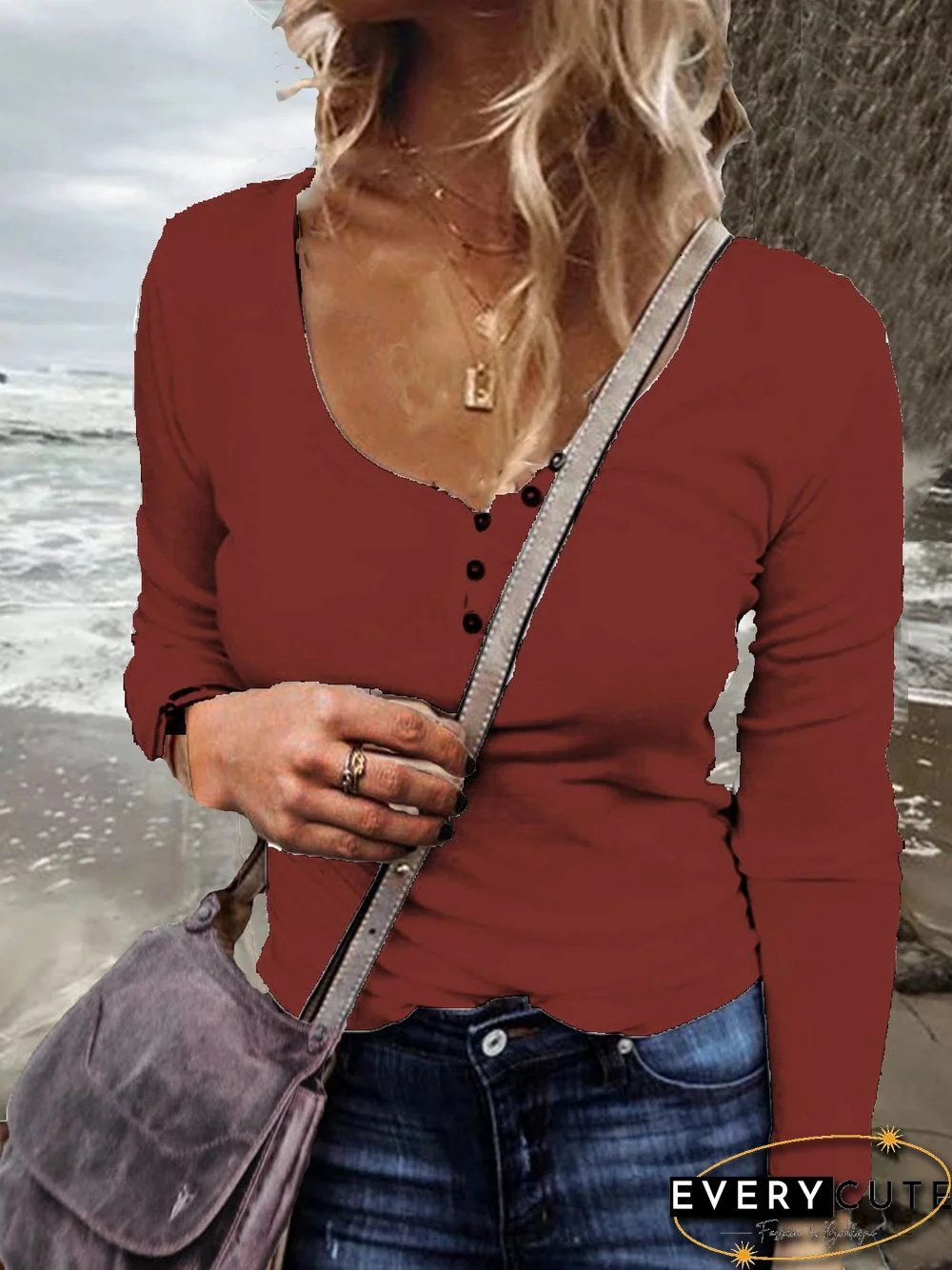 Casual Plus Size U-Neck Long Sleeve T Shirts Tee