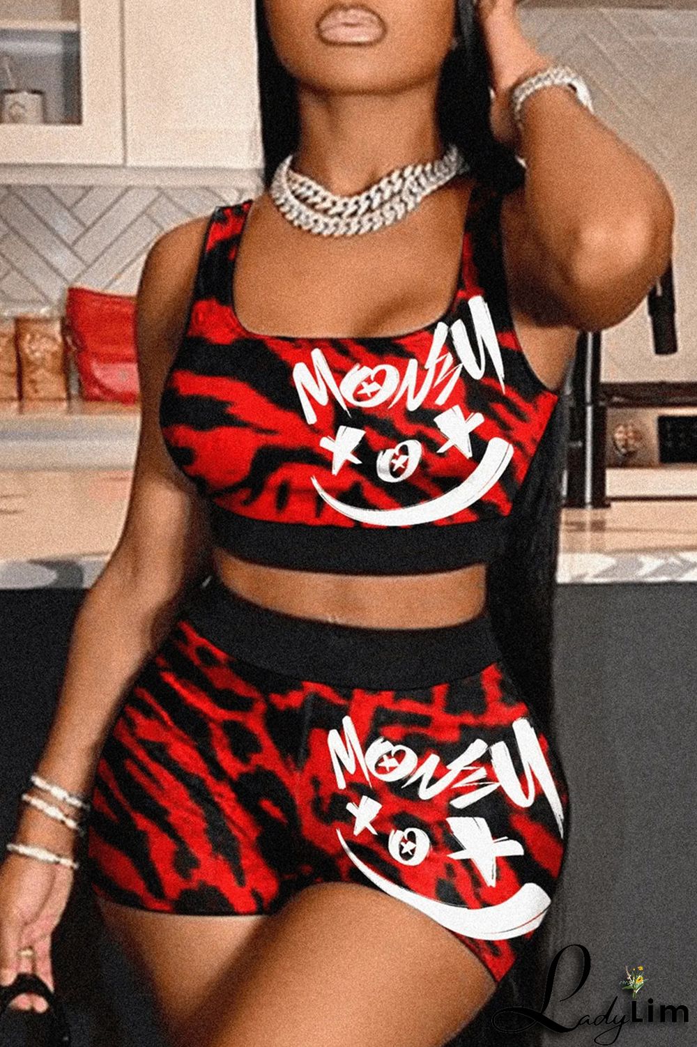 Red Fashion Casual Sportswear Print Basic U Neck Sleeveless Two Pieces