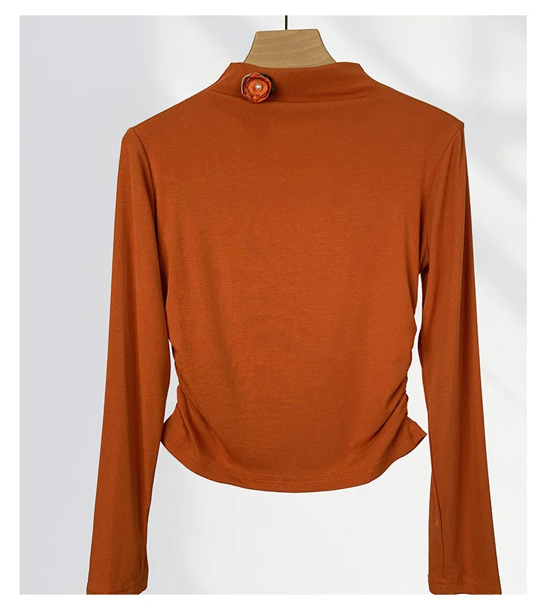 Ueong Ueong Comfortable Waist Show Thin Half High Collar Modi Cotton Bottom Shirt Pumpkin Color Flowers Decoration Long-Sleeved T-Shirt Autumn