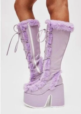 Yyvonne White Fur High Platform Boots High Chunky Heel Round Toe Mid Calf Boots Elegant Women Casual Outfit Winter Cross Tied Shoes