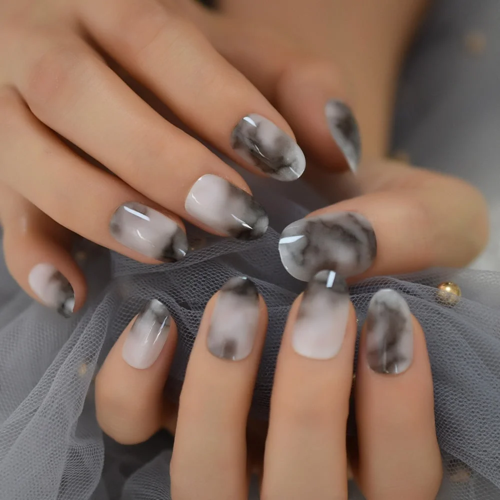 Nail Art Salon Oval Acrylic French Nail Kit Real Medium Length Grace Oval Fake Nails French 24 Tips-Nail Inspo