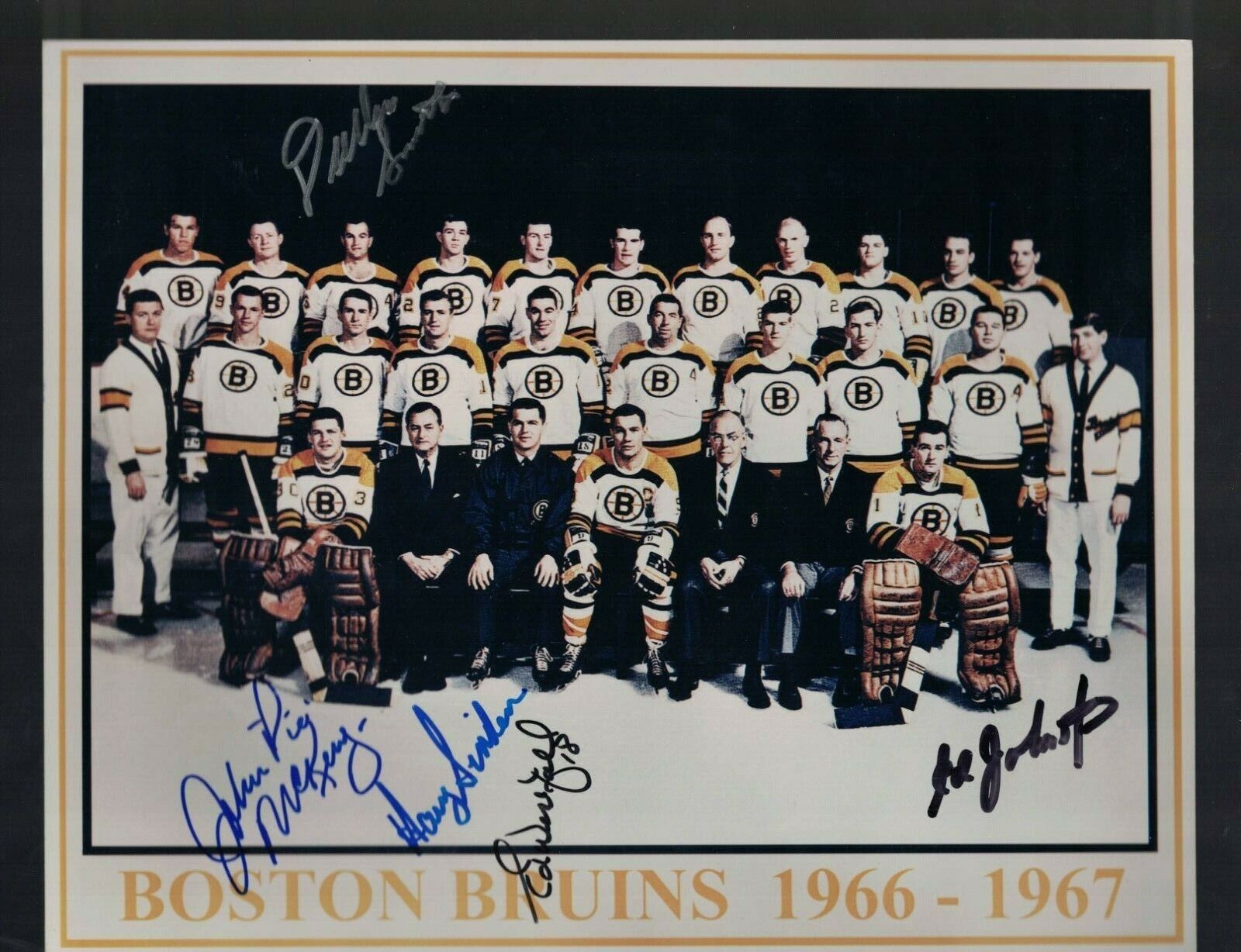 1966-67 Boston Bruins Team Photo Poster painting Signed by 5 W/Our COA