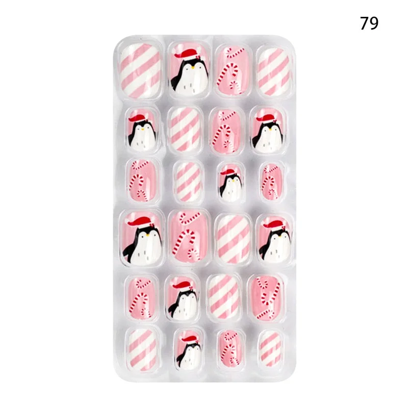 Children Adult 24 Fake Nails Christmas Cartoon Pattern Boxed Children Simple Wear-resistant Finished Full Covering Nail Sticker