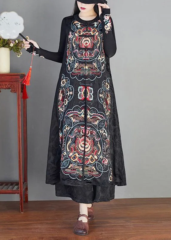 Classy Black Embroideried Chinese Button Patchwork Silk Long Waistcoat Sleeveless