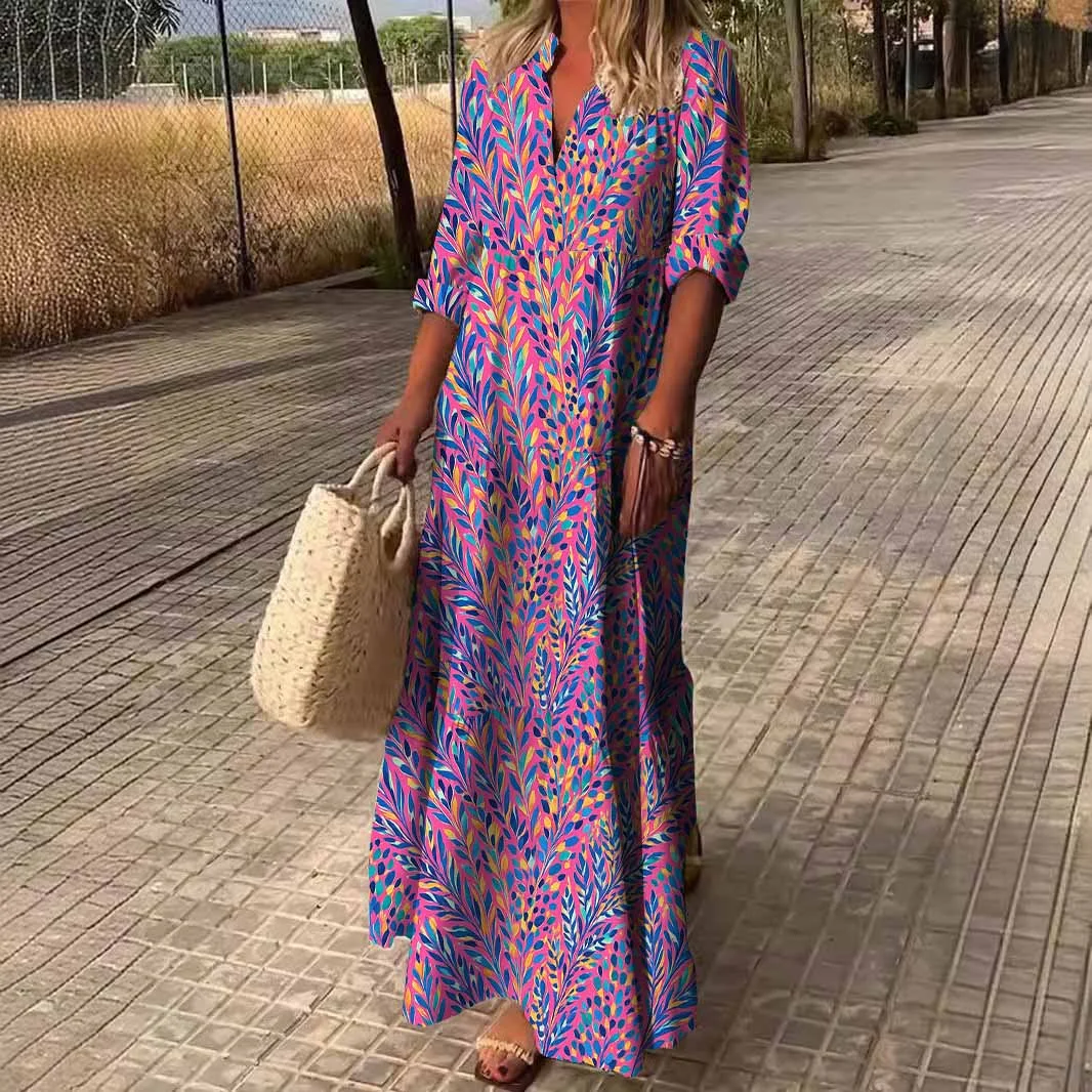 Women Colorful,  Red,  Art DZDN0429 SPU Printed Long Sleeve V-neck Maxi Dress