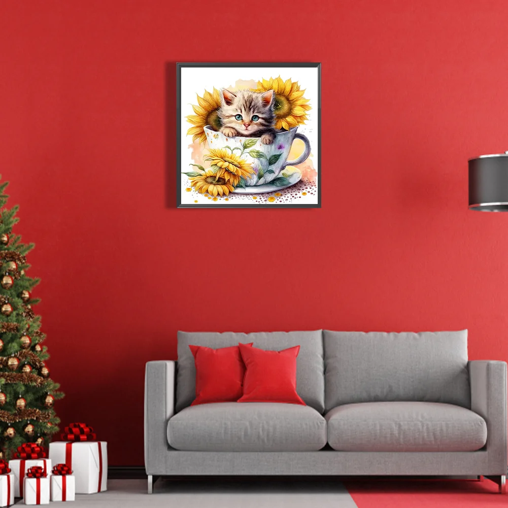 Diamond Painting - Full Square Drill - Cup Sunflower Cat(Canvas|35*35cm)
