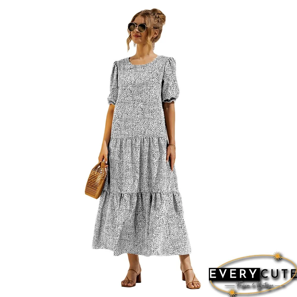 White Polka Dot Print Puff Sleeve Maxi Dress