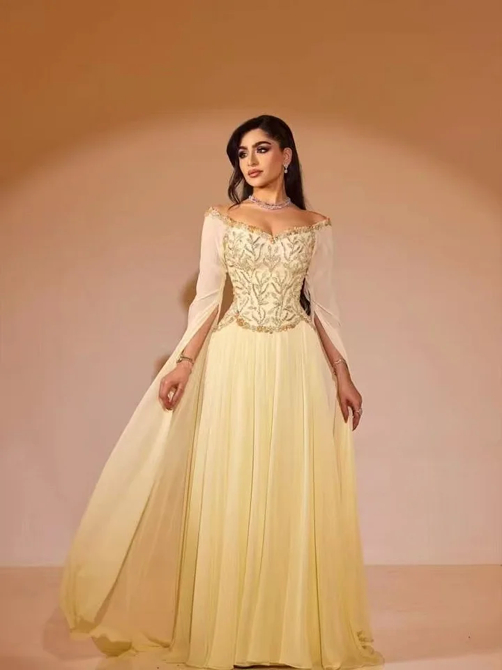V-Neck Off-The-Shoulder Long Sleeves High-Waisted Long A-Line Prom Dress With Pleated And Beading | LR0367 Wellcucu