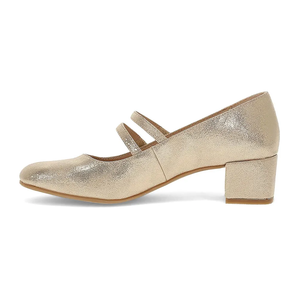 Gold Metallic Square Toe Chunky Heel Mary Jane Shoes with Pearl