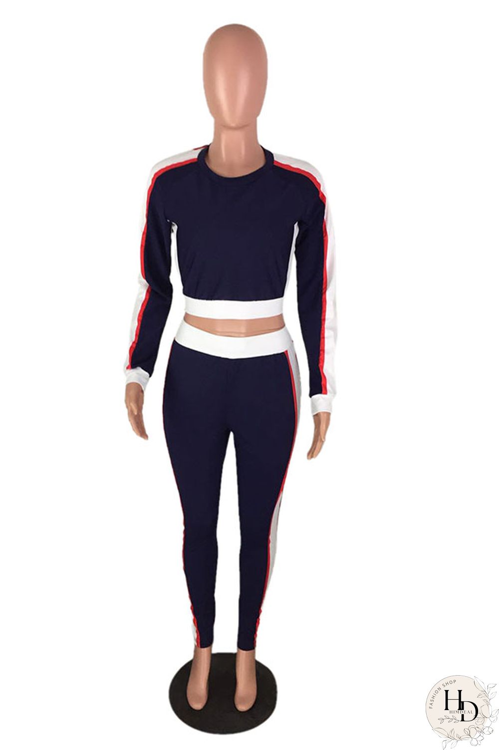 Navy Blue Elastic Fly Long Sleeve Mid Patchwork pencil Pants Two-piece suit