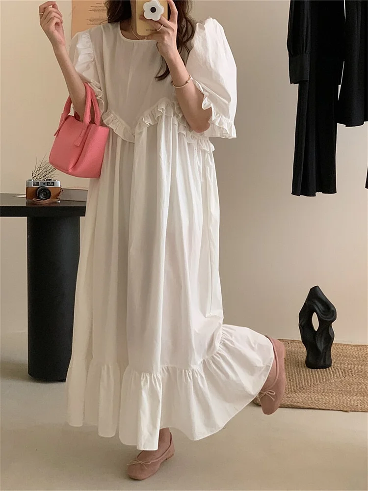 Unique Solid Color Round Neck Patchwork Fungus Edge Puff Sleeve Ruffled Hem Dress  