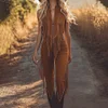 Western Fringed Brown Suede Vest Zip-Up Jumpsuit by Inlyline