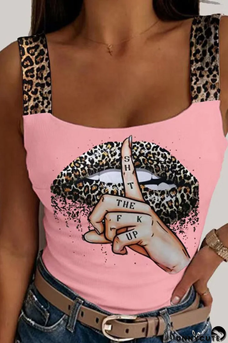 Pink Casual Print Split Joint Spaghetti Strap Tops