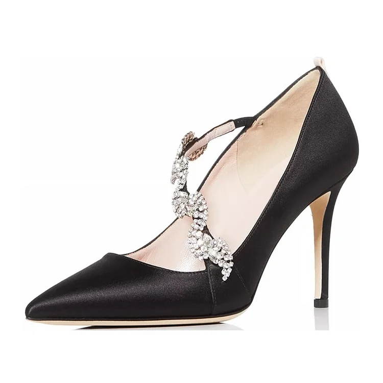Black Satin Prom Shoes Rhinestone Strap Stiletto Heel Pumps |FSJ Shoes