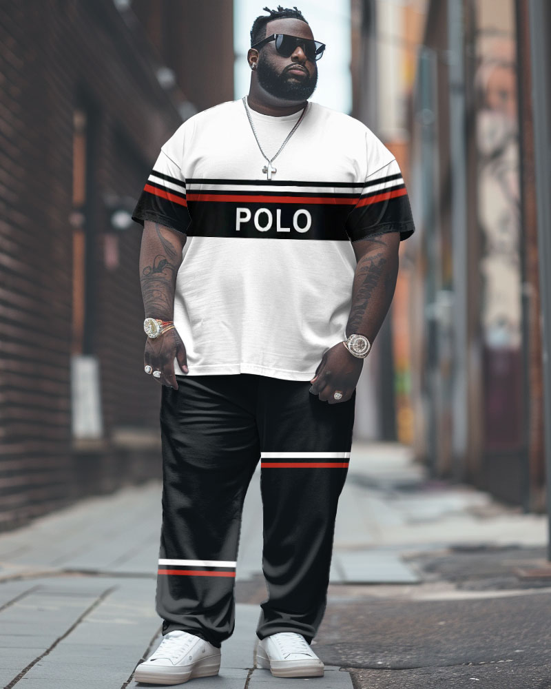Men's Large Simple Line Colorblock Alphabet Print T-shirt Trousers Suit