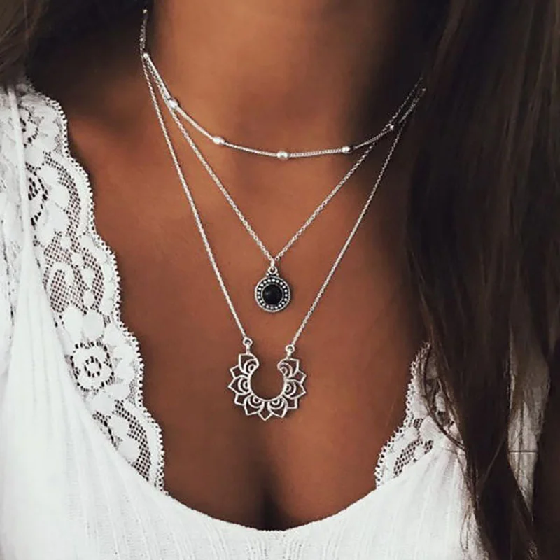 Women's vintage silver multilayer necklace