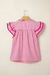 Women's Elegant Rose Stripe Shirred Yoke Ruffled Short Sleeve Blouse Top