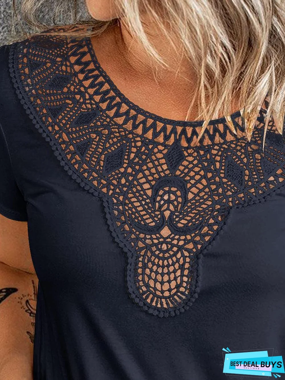 Lace Top Crew Neck Short Sleeve Summer Loose Tee Casual T-Shirt