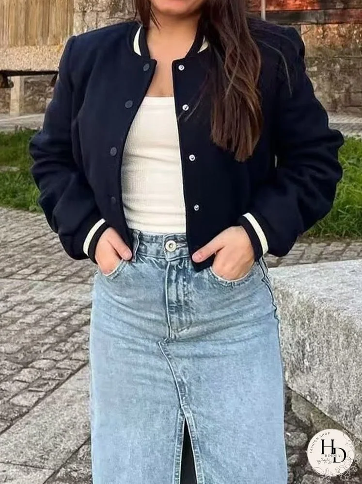 Joskka Women Vintage Baseball Jacket Spring Autumn Long Sleeve Bomber Jacket Female Streetwear Casual Loose Short Coats With Pockets