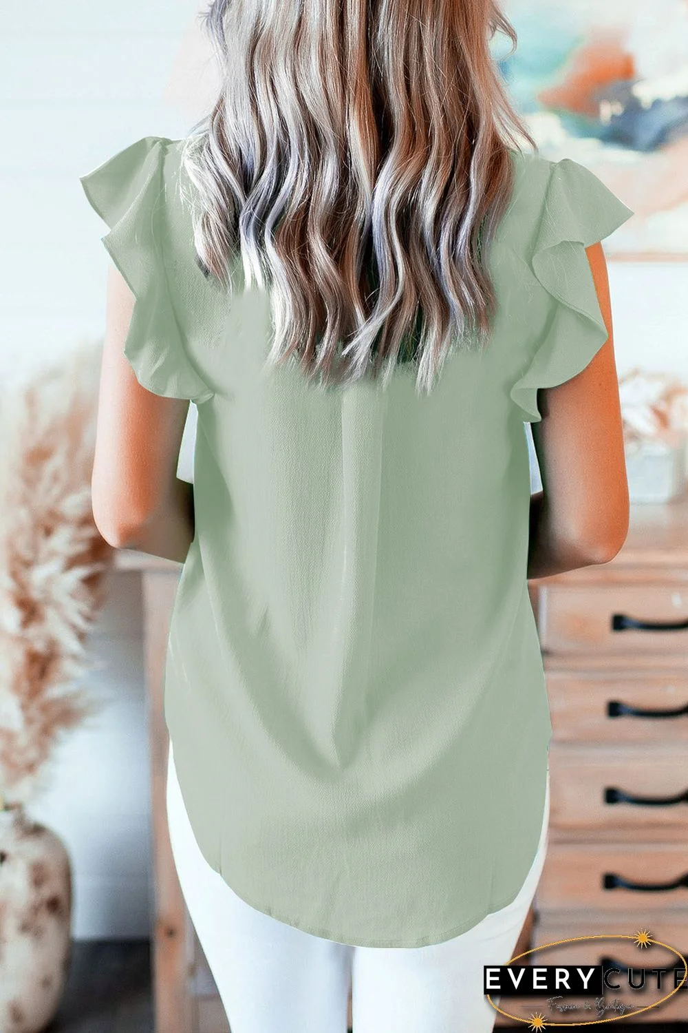 Green Ruffled Sleeveless V Neck Top