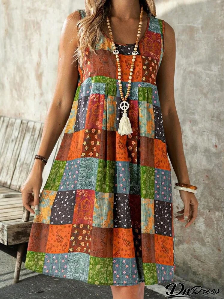 Women Summer Vacation Style Patchwork Print Casual Loose Tank Dress