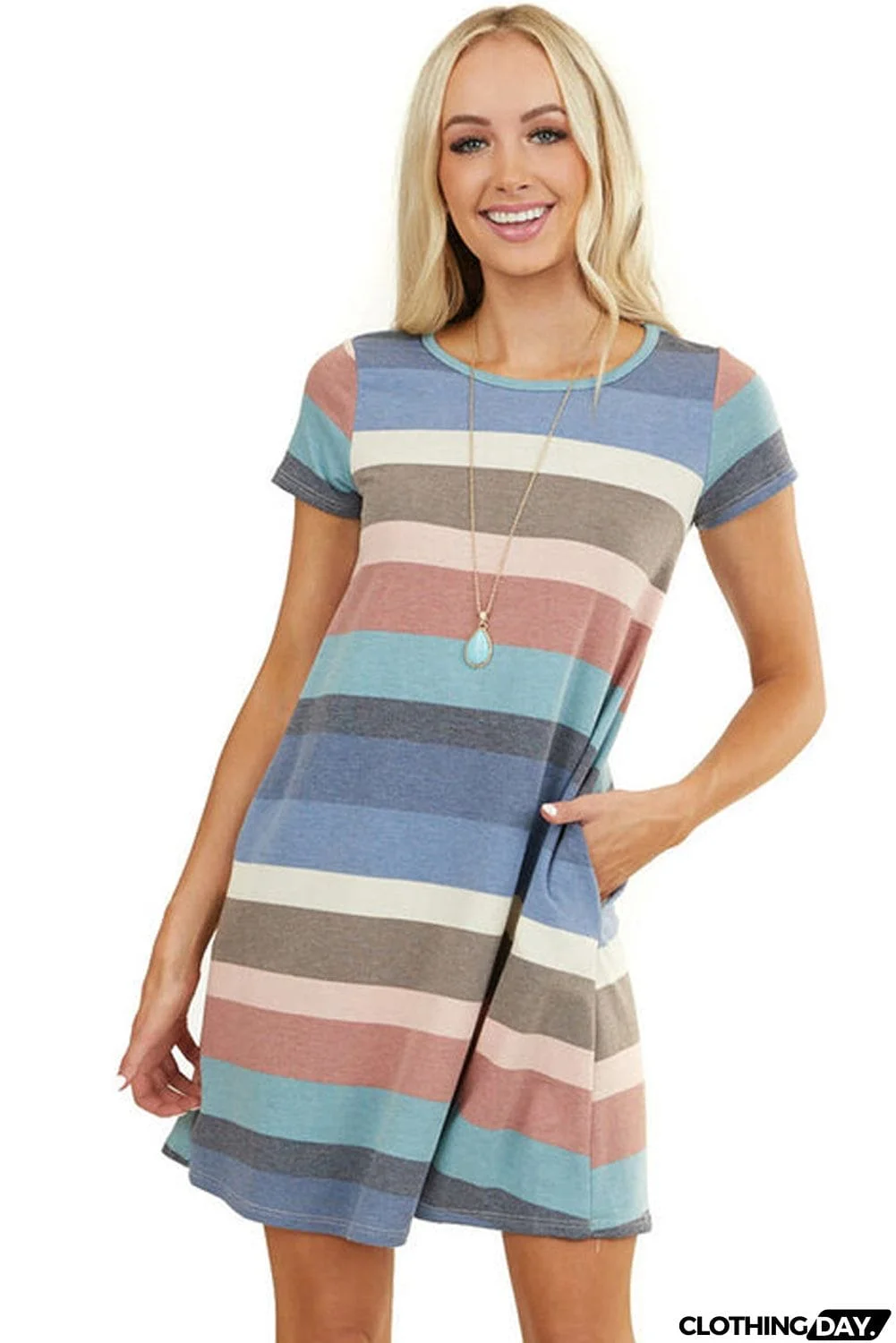 Multicolor Striped Pocket T Shirt Dress