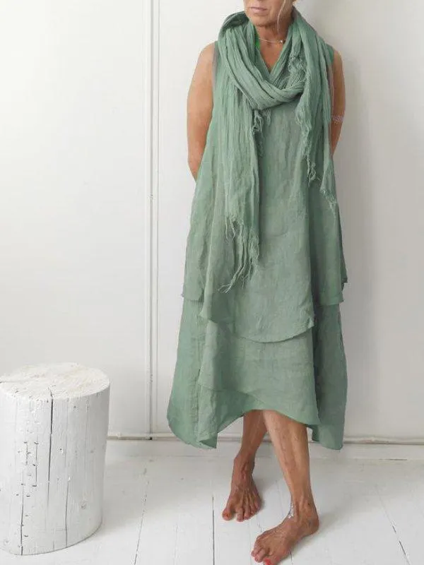 V Neck Linen Plain Casual Casualdress