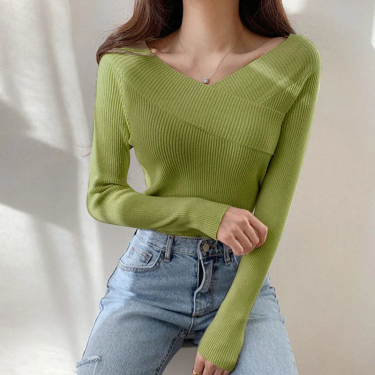 Dubeyi Winter Off The Shoulder Solid Color Slim Long Sleeve Knitted Tops For Women's Casual All Match Chic Sweater