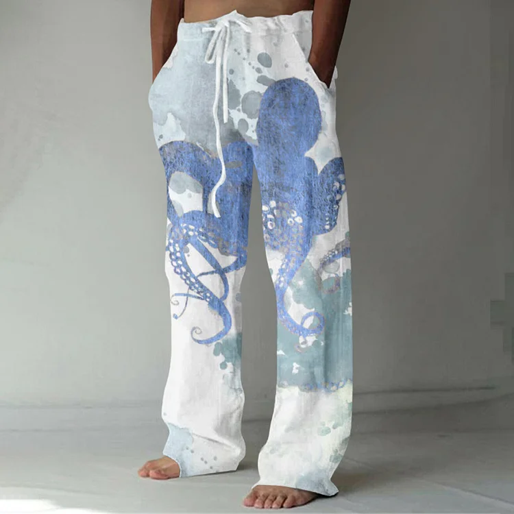 Japanese Art Octopus Watercolor Art Linen Blend Casual Pants