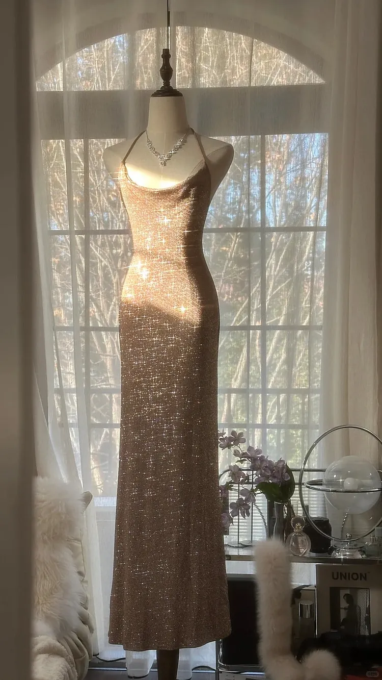 Champagne Gorgeous Shiny Exquisite Beaded Spaetti Straps V Neck Long Sequined Chiffon Ball Gown Evening Dress Party Dress