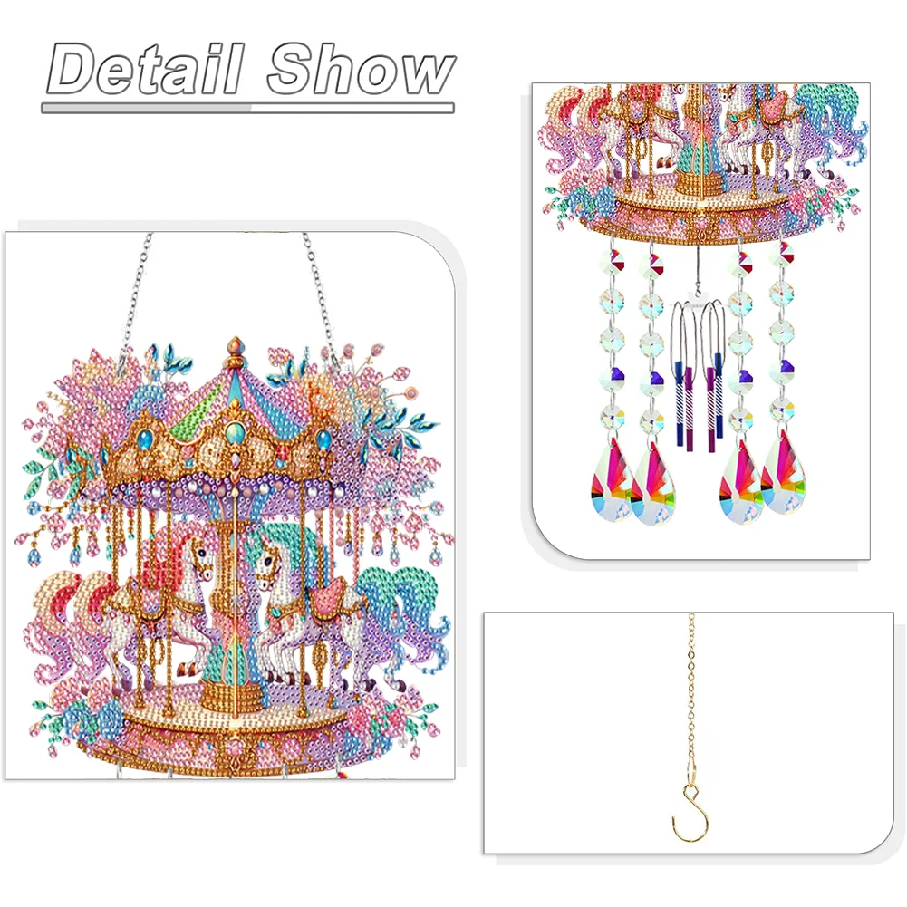 Double Sided Merry-Go-Round 5D DIY Crystal Rhinestone Wind Bell for Wall Decor