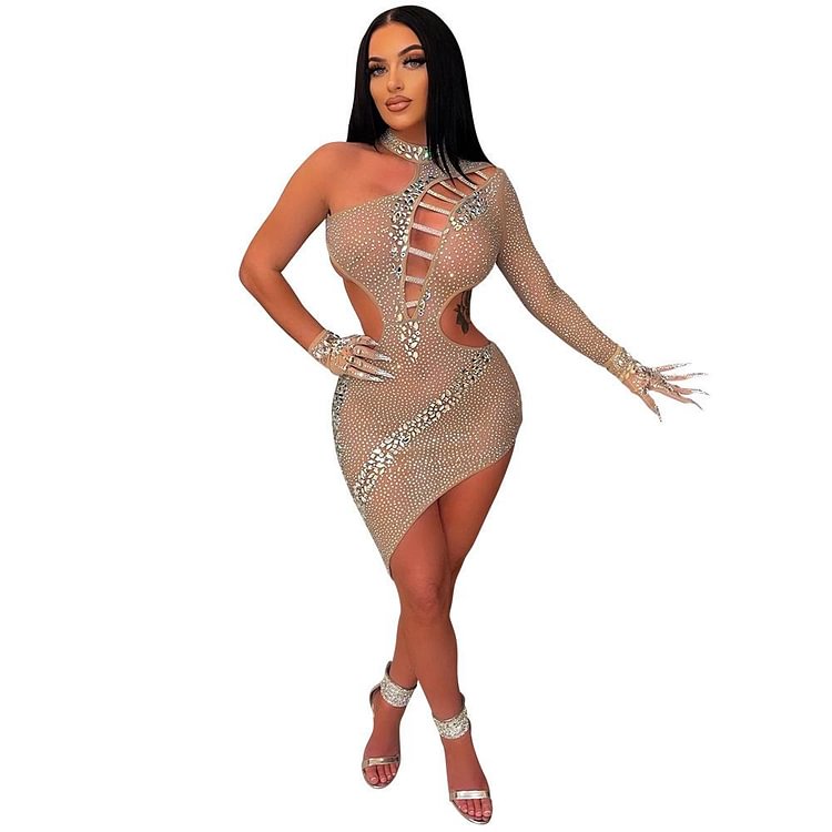 Promsstyle Chic hollow backless glittering rhinestone asymmetric fitted mini party dress Prom Dress 2023