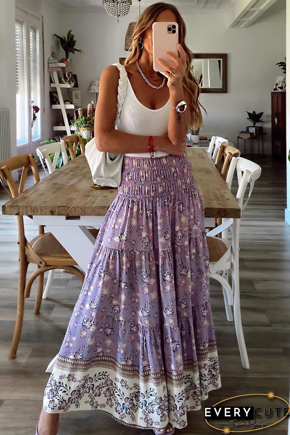 Purple Floral Print Shirred High Waist Maxi Skirt