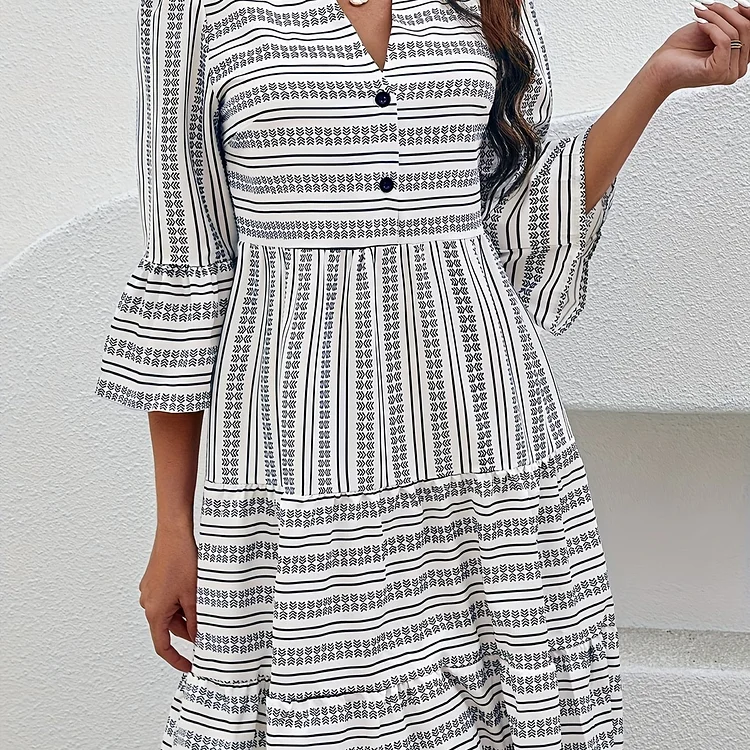 Tribal Stripe Print Dress, Casual V Neck Flared Sleeve Dress, Women's Clothing