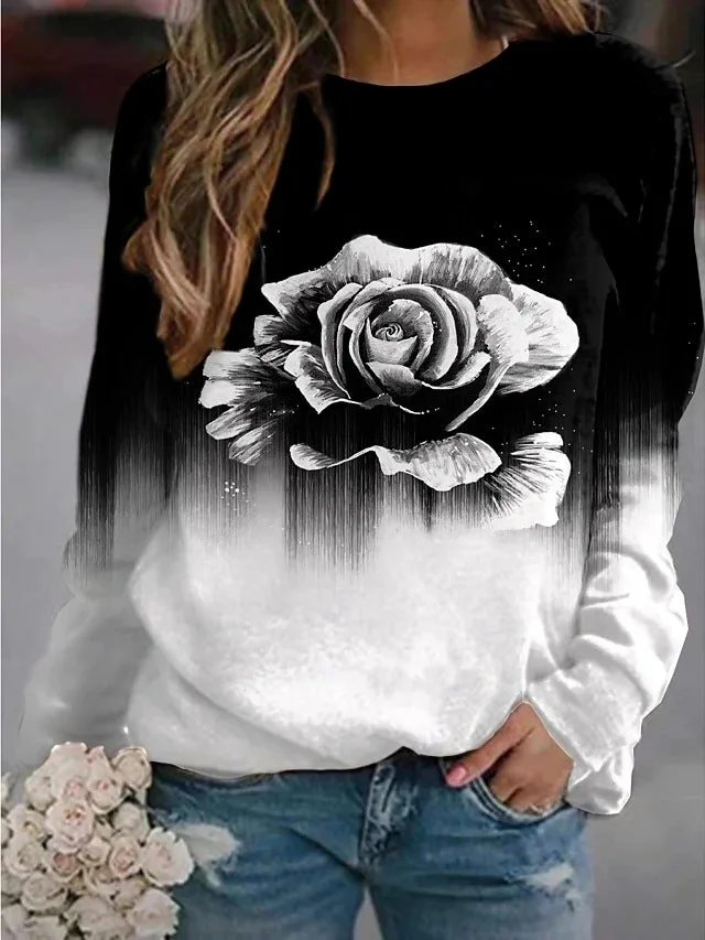 Uveng Landscape Flower Floral Print Long Sleeve Sweaters