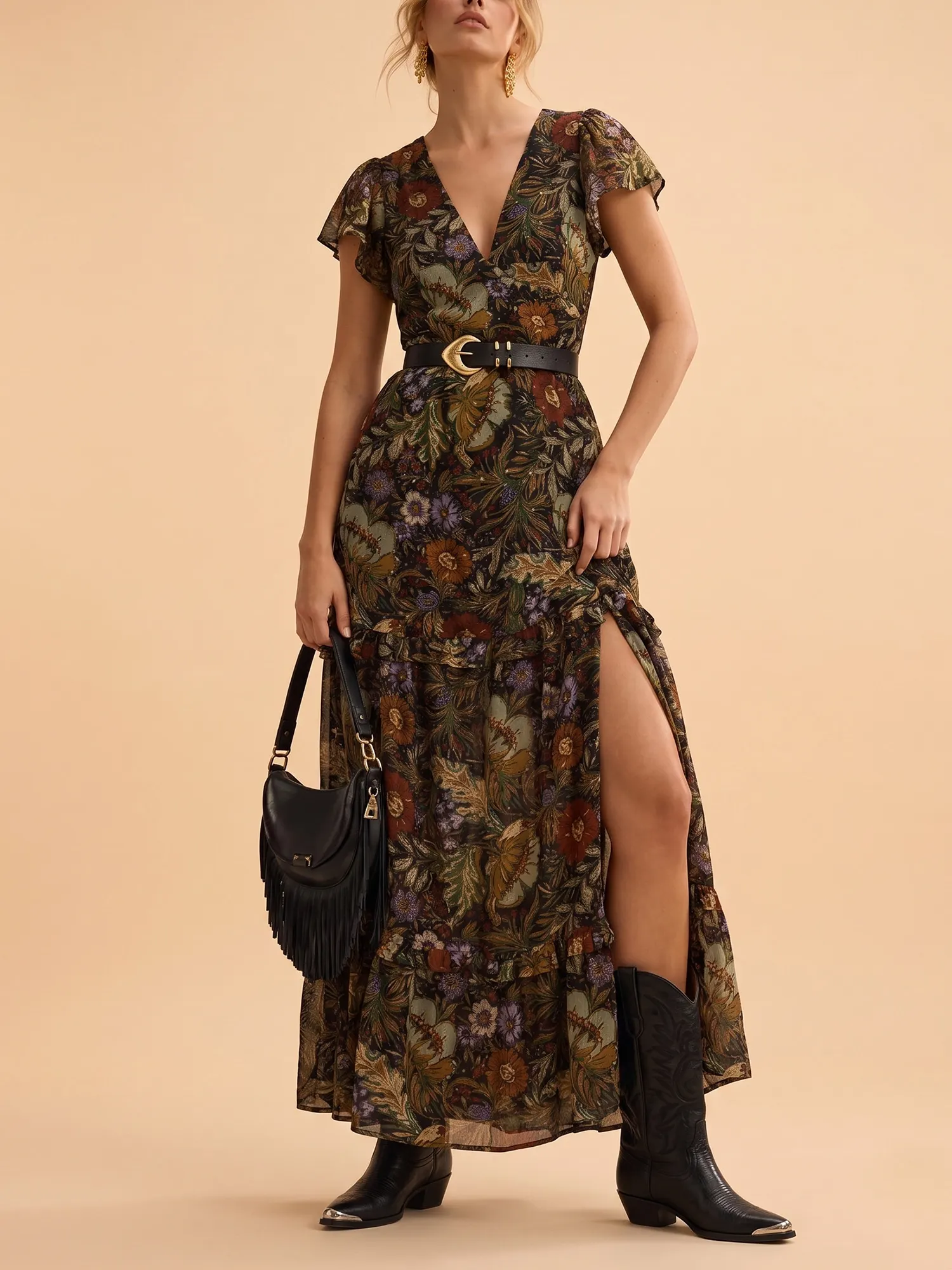 Western Dress &mdash; Earthy Khaki Plunging V-Neck High Slit Georgette Maxi Dress