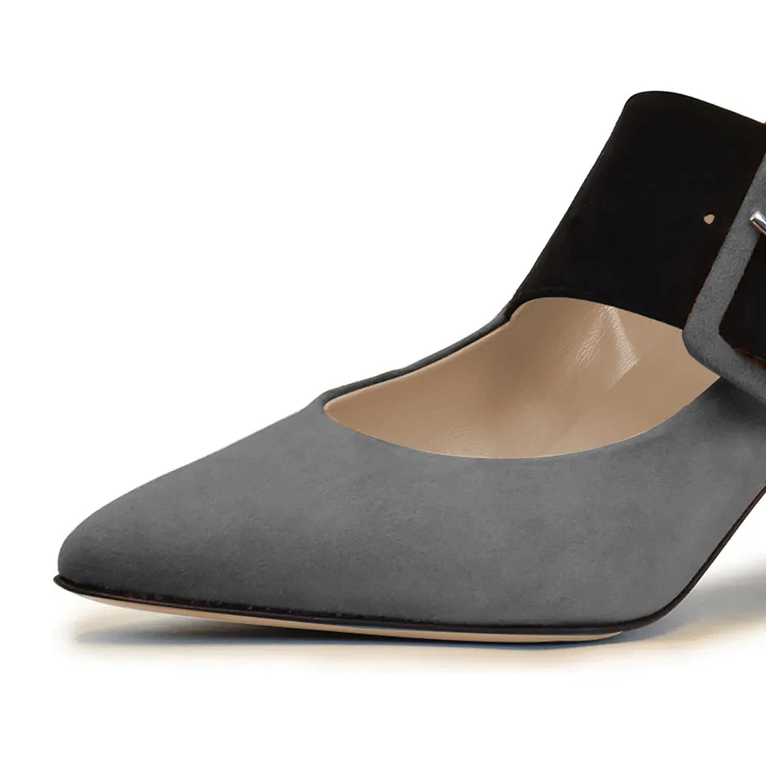 Faux Suede Pointed Elegant Buckle Strap Pencil Heel Pumps in Gray  
