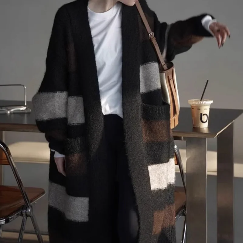 Toloer Toloer Door Bump Color Stripe Autumn Winter New Style In The Feeling Of Long Sweater Female Coat Languid Lazy Wind Wear Cardigan Female-Outfit Ideas