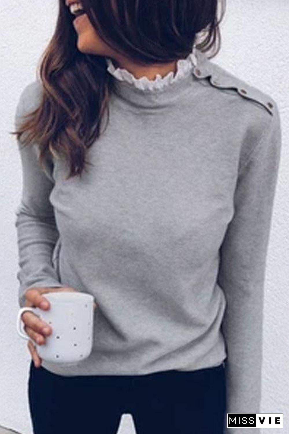 Shoulder Buckle Lace Neck Top