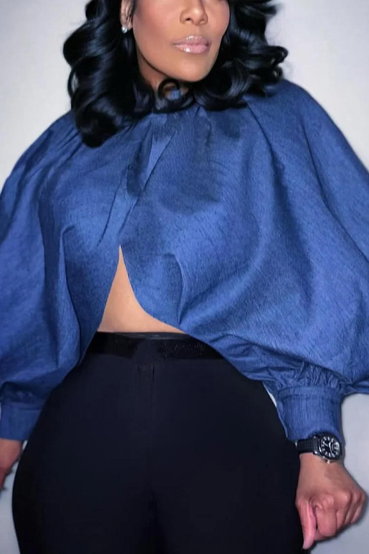 Plus Size Business Casual Blue Lantern Sleeve Long Sleeve Asymmetric Hem Tencel Denim Blouses [Pre-Order] 2024 - Xpluswear