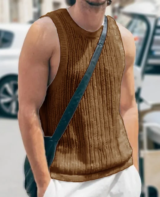 Vacation Crew Neck Hollow Solid Knitted Tank Top Okaywear