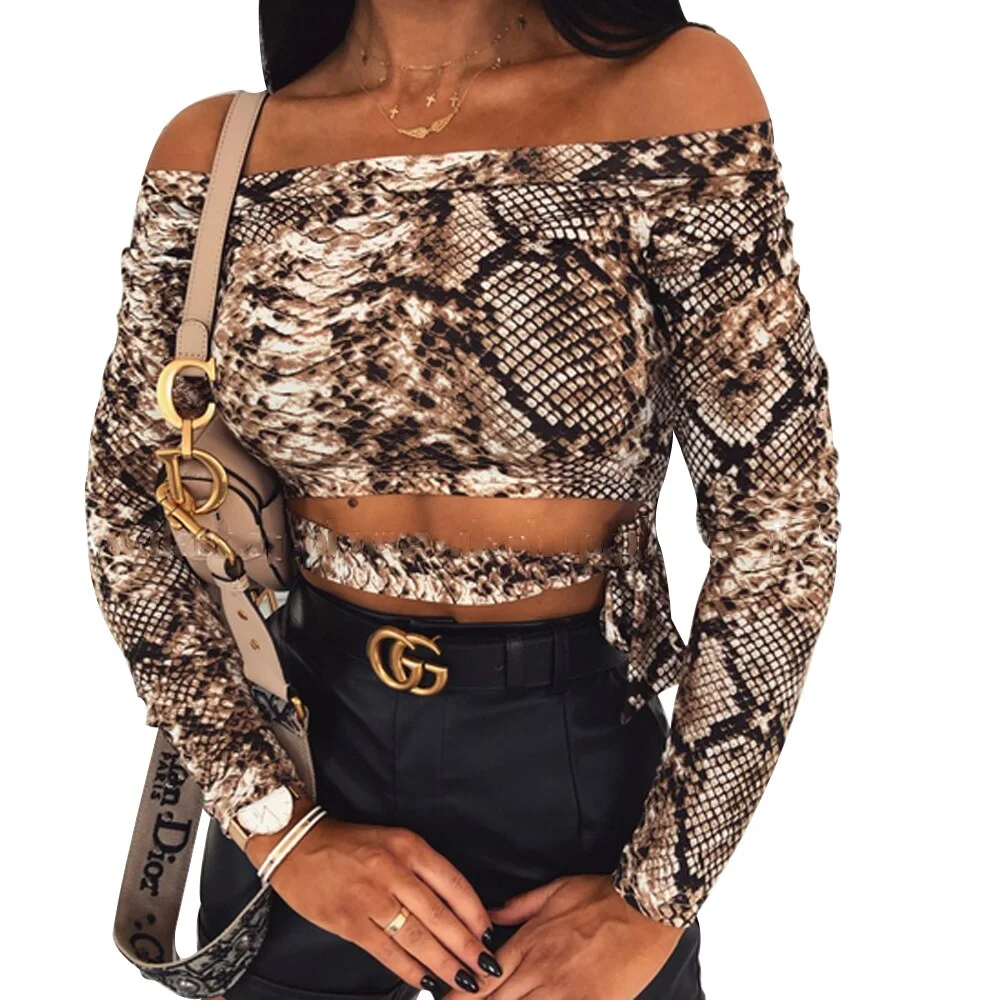 Women's Fashion Tops and Blouses Snakeskin Print Off Shoulder Crop Top Long Sleeve Slim Sexy Vintage Shirts Female Spring Summer