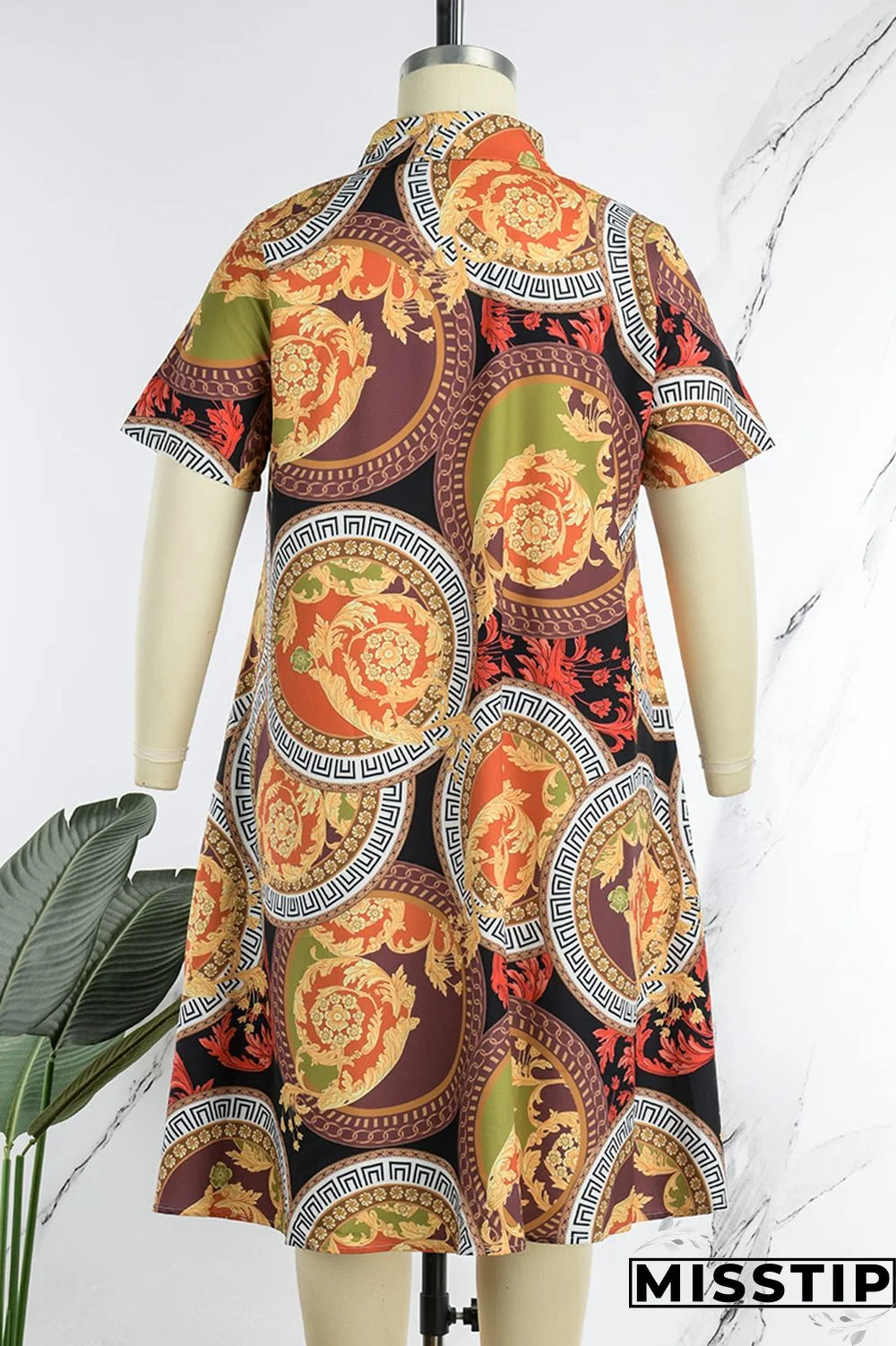 Colour Casual Print Patchwork Turndown Collar Straight Plus Size Dresses