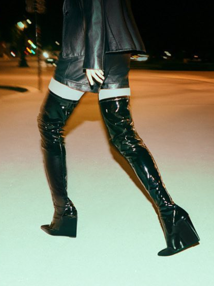 Black Over The Knee Pull On Shiny Elastic Pointed Toe Wedge Heel Boots